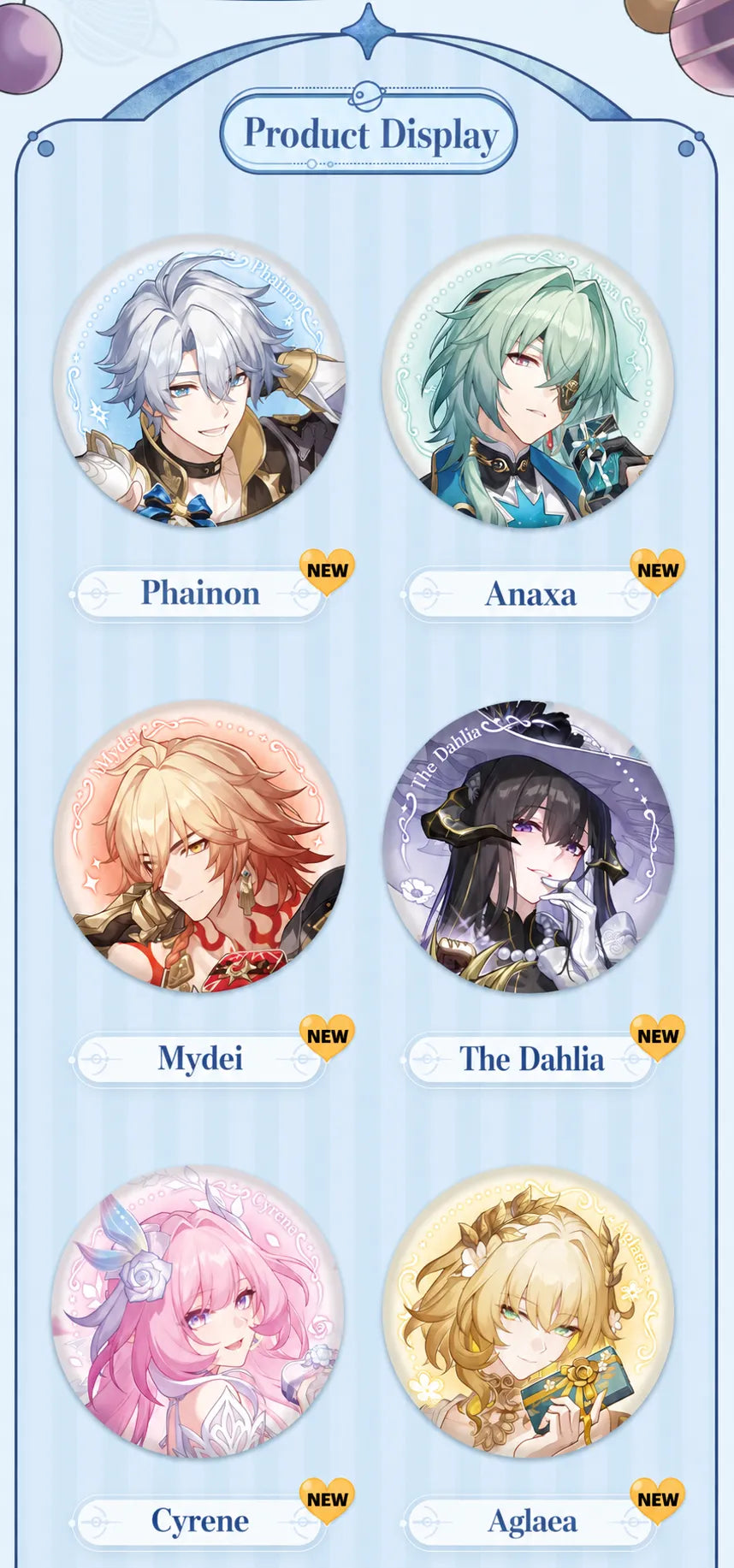 Cosmic Candy House badges featuring Phainon, Anaxa, Mydei, The Dahlia, Cyrene and Aglaea