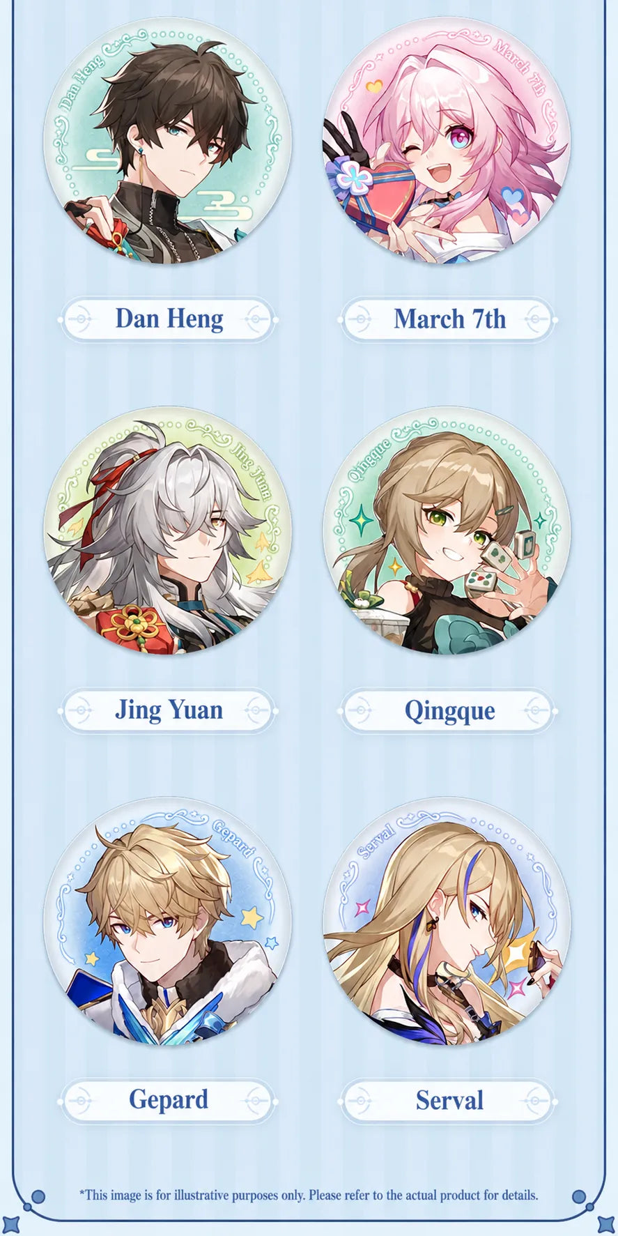 Cosmic Candy House badges featuring Dan Heng, March 7th, Jing Yuan, Qingque, Gepard and Serval