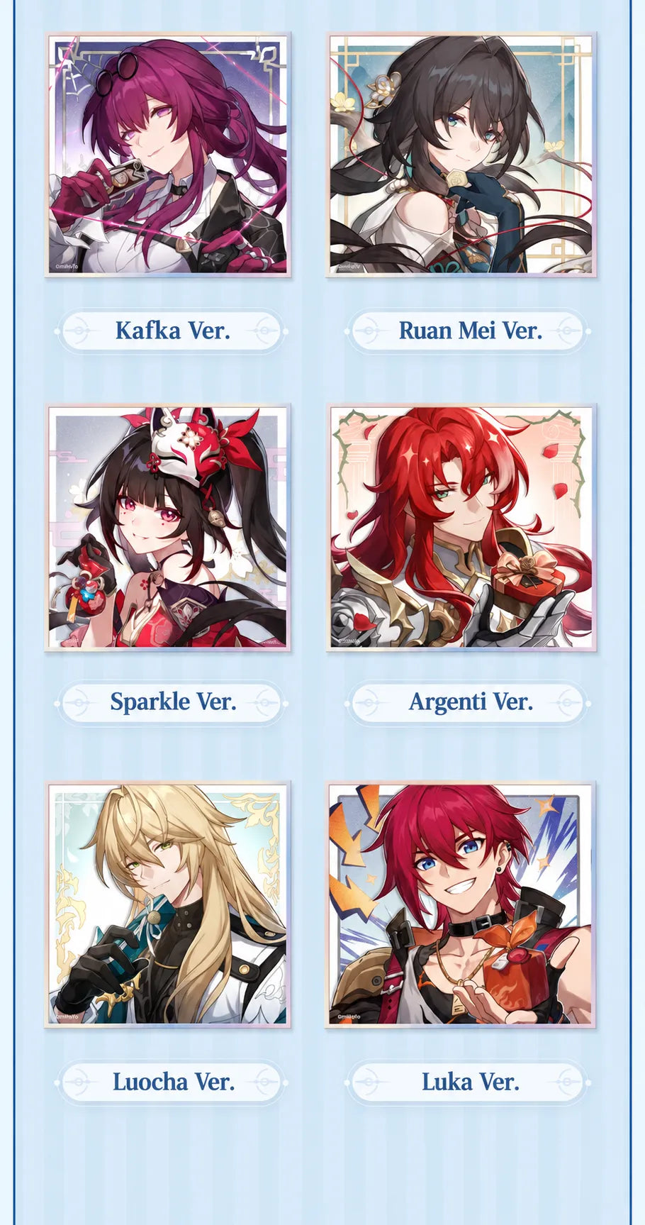 PET Shikishi Art Boards featuring Kafka, Ruan Mei, Sparkle, Argenti, Luocha and Luka