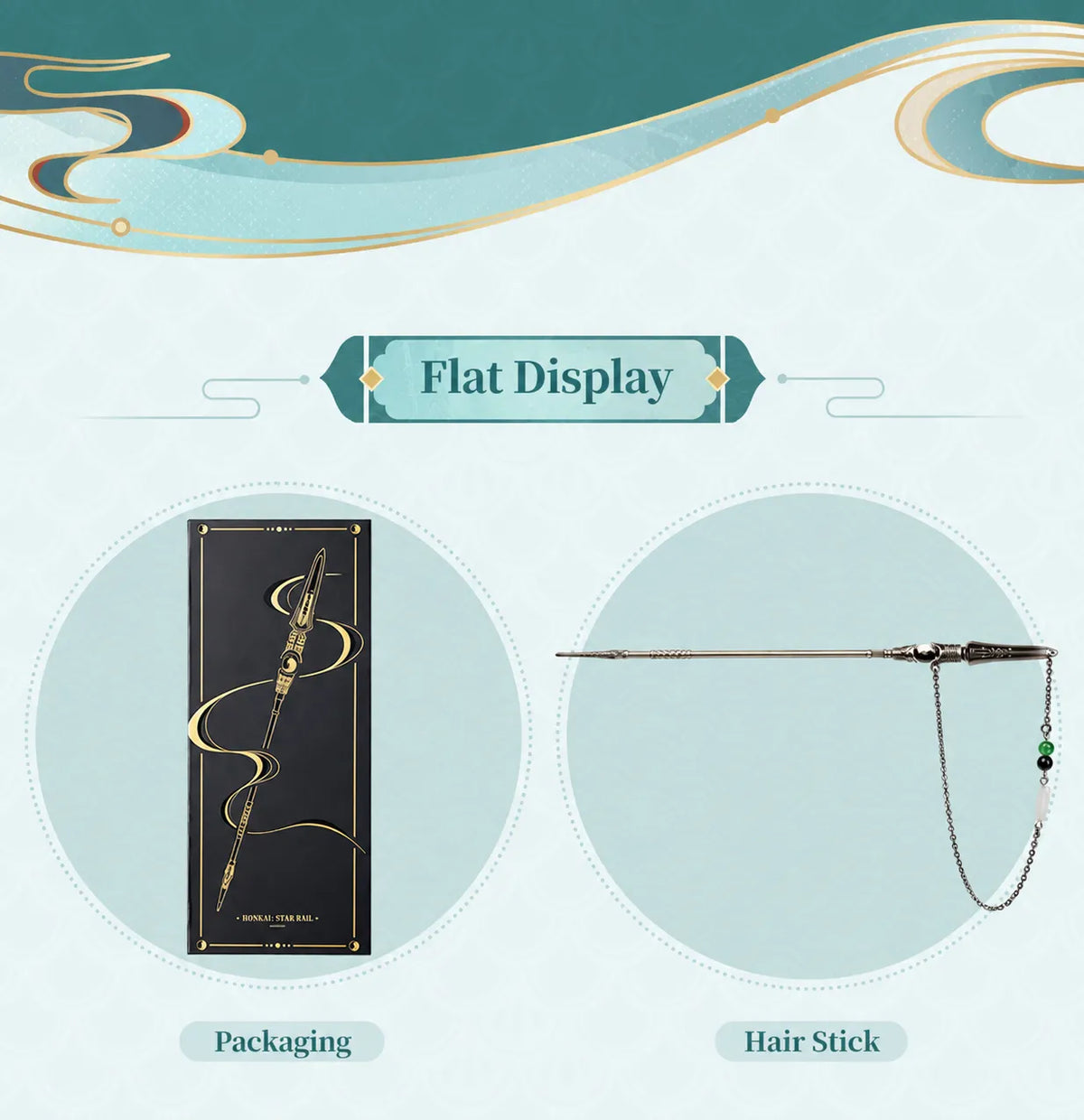 Dan Heng Imbibitor Lunae Hair Stick and packaging displayed side by side with decorative hanging chain