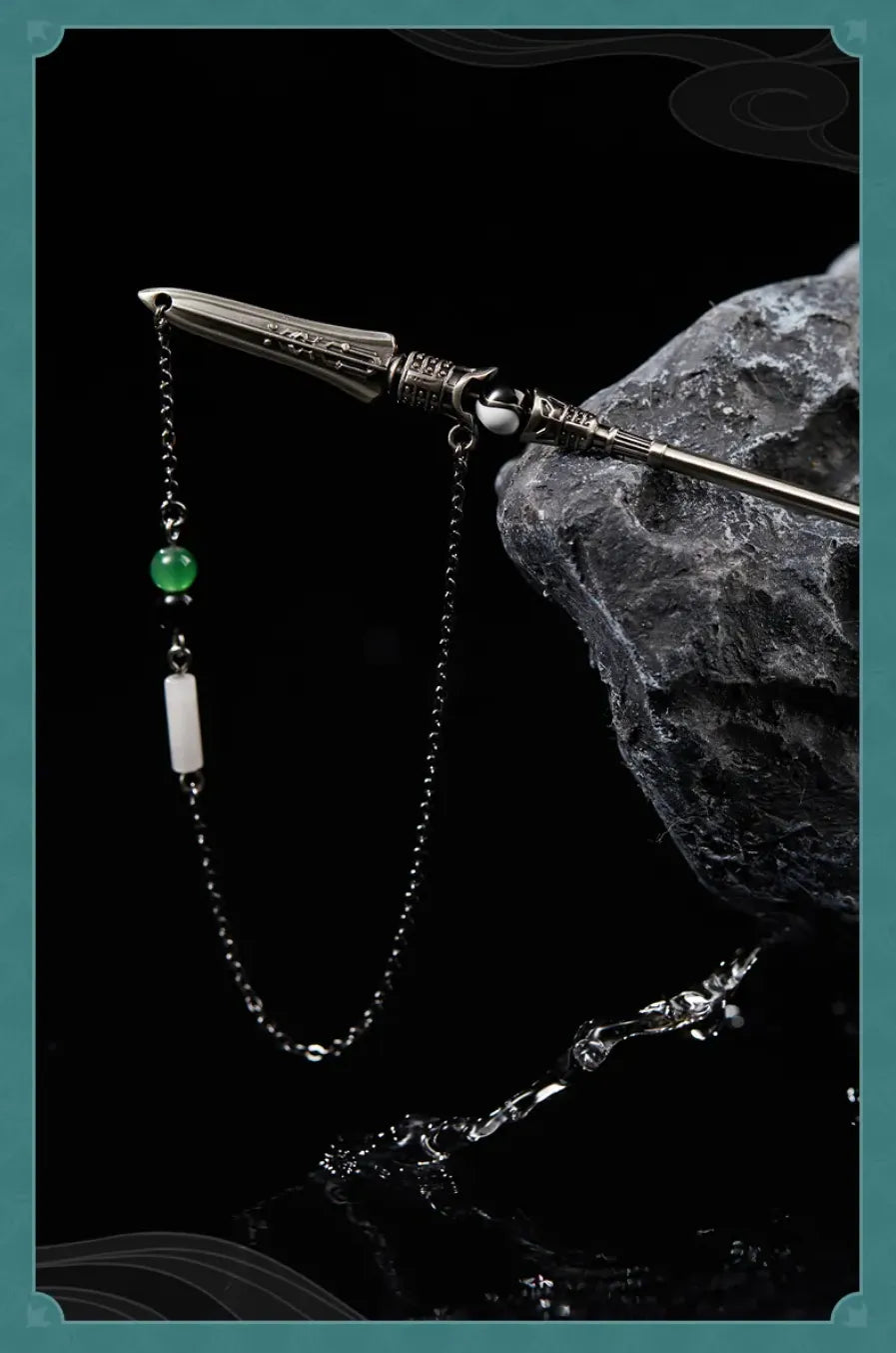 Dan Heng Imbibitor Lunae Hair Stick close-up of agate, glass and natural white jade decorative beads