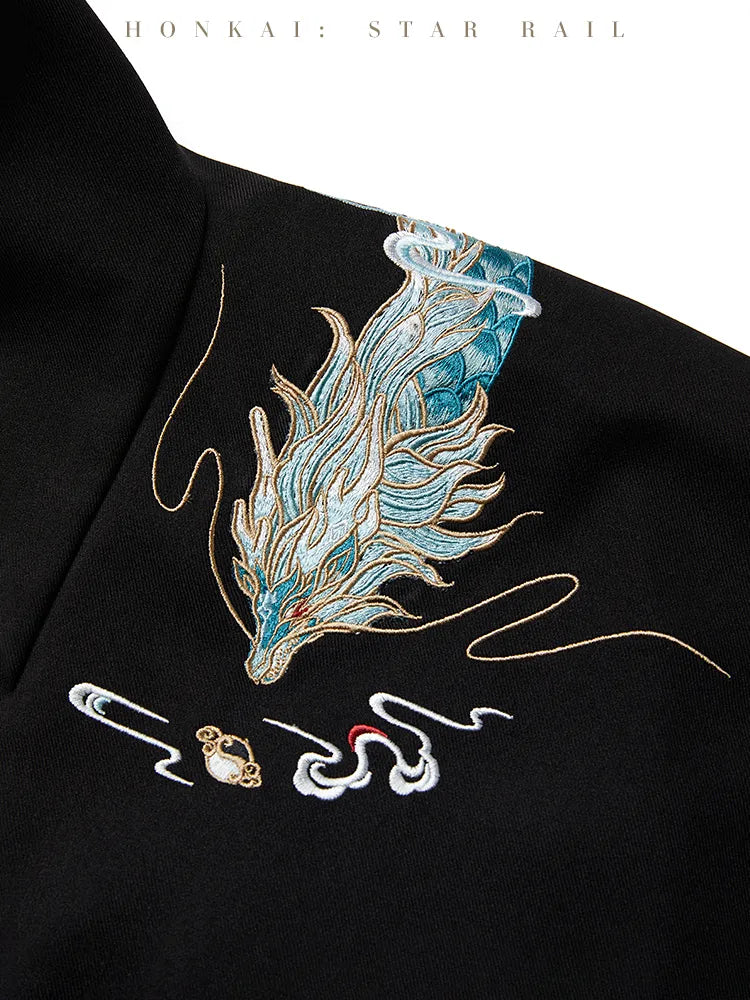 Dan Heng Imbibitor Lunae Long Coat featuring turquoise dragon embroidery across the upper back