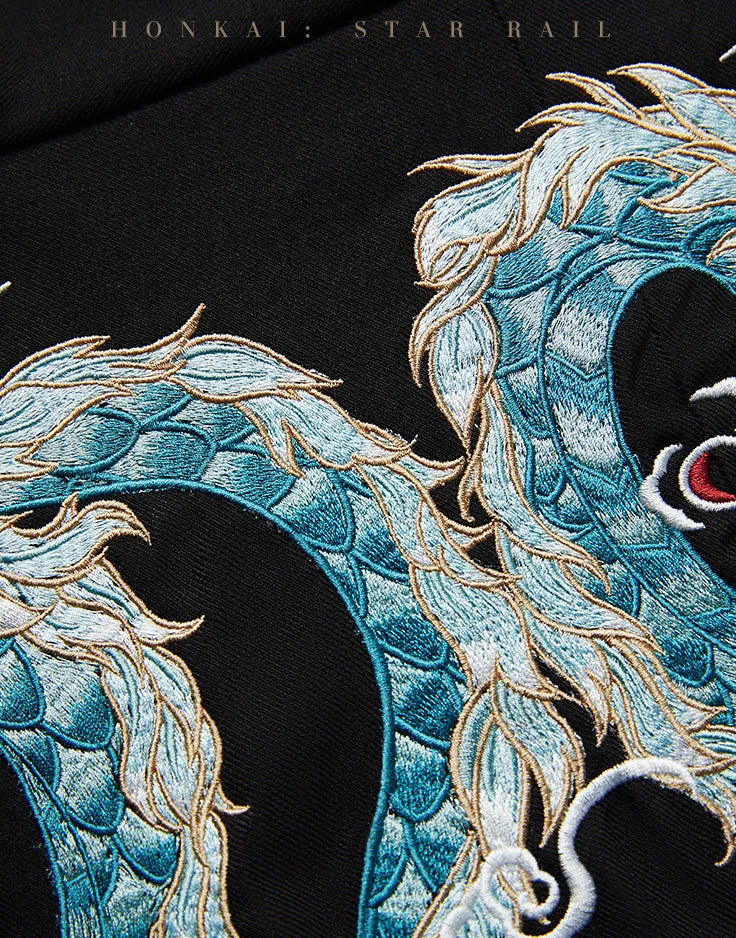Dan Heng Imbibitor Lunae Impression Series Long Coat with lotus embroidery and flowing black fabric