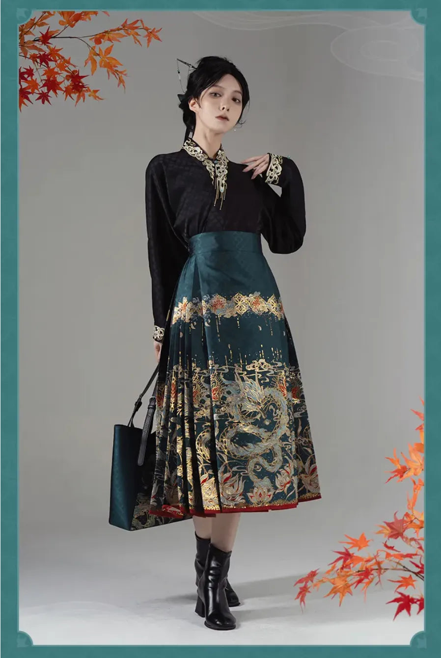 Close-up of Dan Heng Imbibitor Lunae Mamian Skirt featuring jacquard fabric, side pockets and concealed zipper