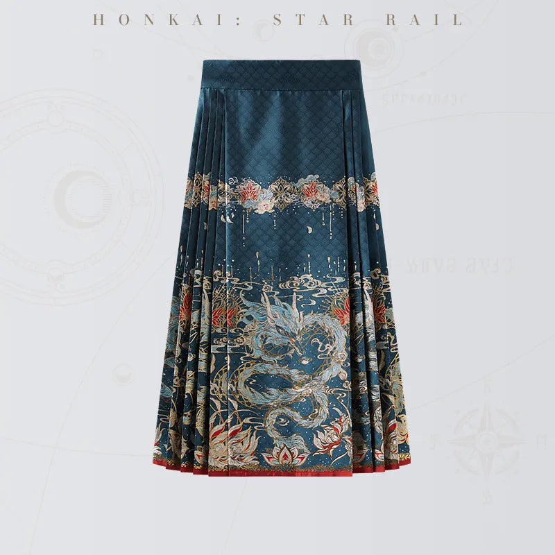Honkai Star Rail Dan Heng Imbibitor Lunae Zip-Up Mamian Skirt in teal jacquard fabric with dragon and floral patterns