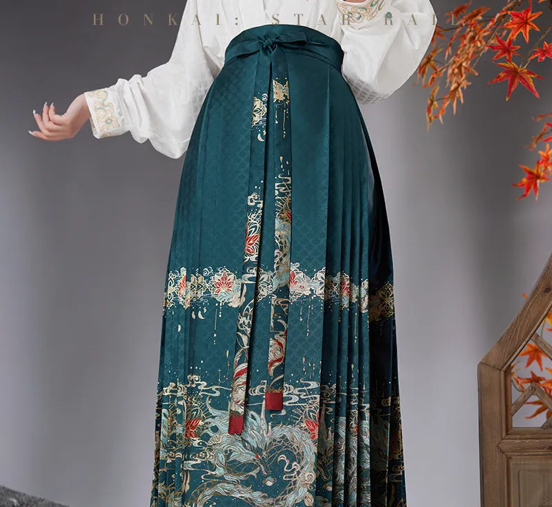 Dan Heng Imbibitor Lunae One-Piece Mamian Skirt featuring dragon embroidery patterns and wide pleated silhouette