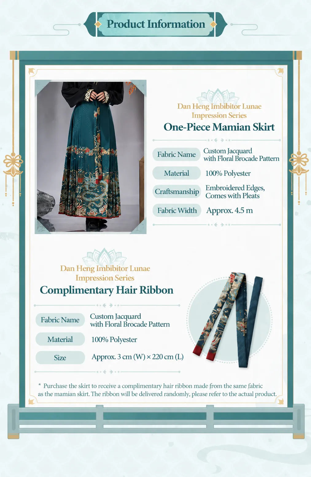 Model wearing Dan Heng Imbibitor Lunae One-Piece Mamian Skirt with gold dragon motifs and white blouse