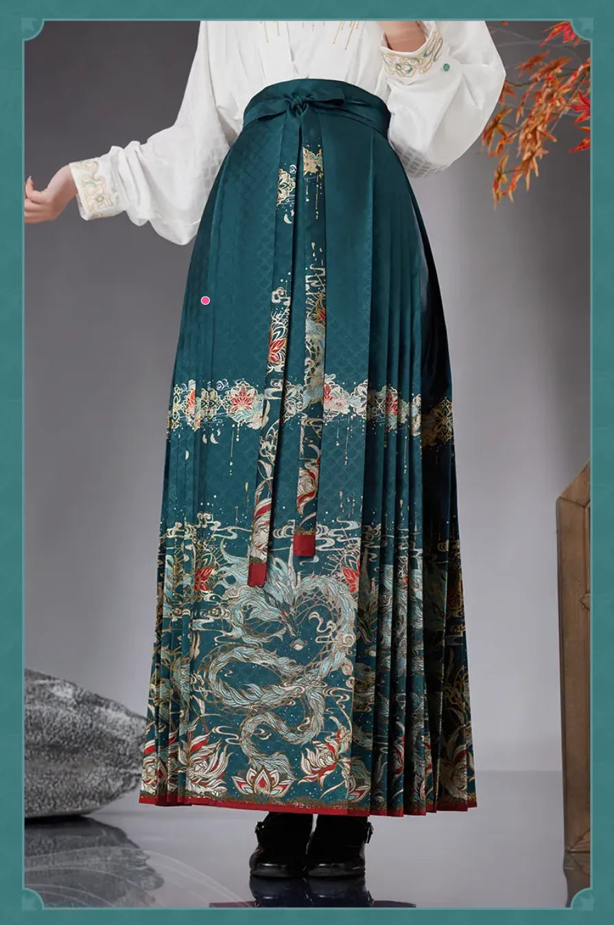 Dan Heng Imbibitor Lunae Mamian Skirt close-up showing pleats and detailed dragon and floral patterns