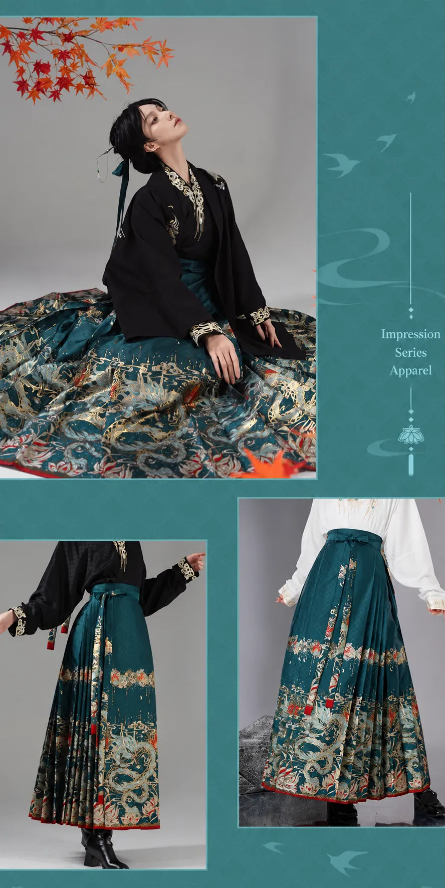Dan Heng Imbibitor Lunae One-Piece Mamian Skirt close-up of teal fabric texture and embroidered dragon motifs