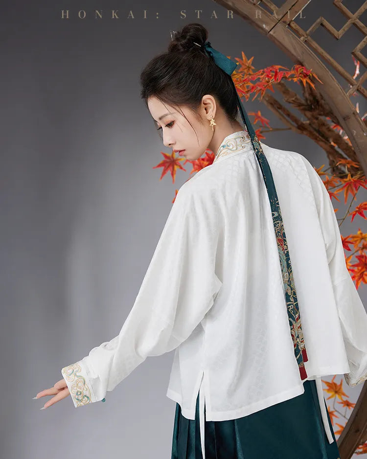 Dan Heng Imbibitor Lunae white short jacket with teal and gold embroidery styled with Mamian Skirt
