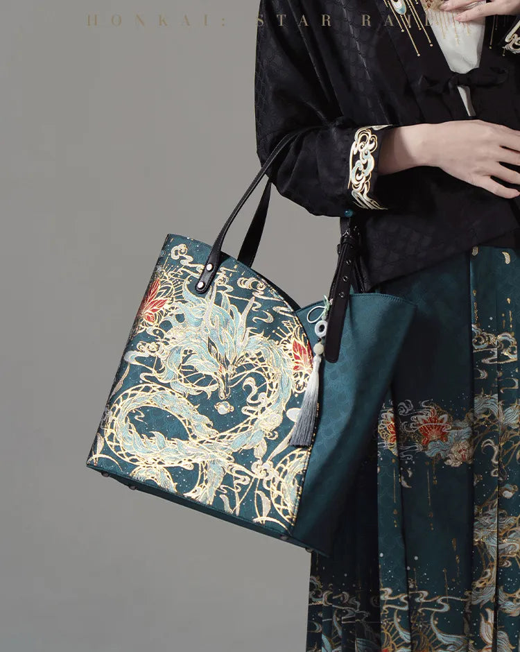 Dan Heng Imbibitor Lunae Impression Tote Bag styled with traditional Chinese clothing and floral patterns