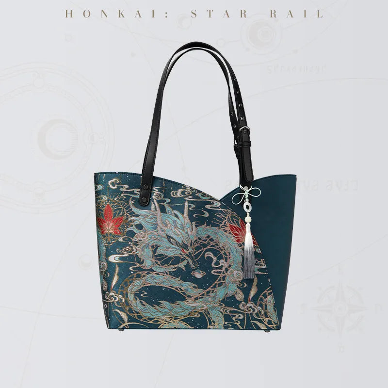 Dan Heng Imbibitor Lunae Impression Series Tote Bag with teal jacquard fabric, dragon motifs and PU leather straps