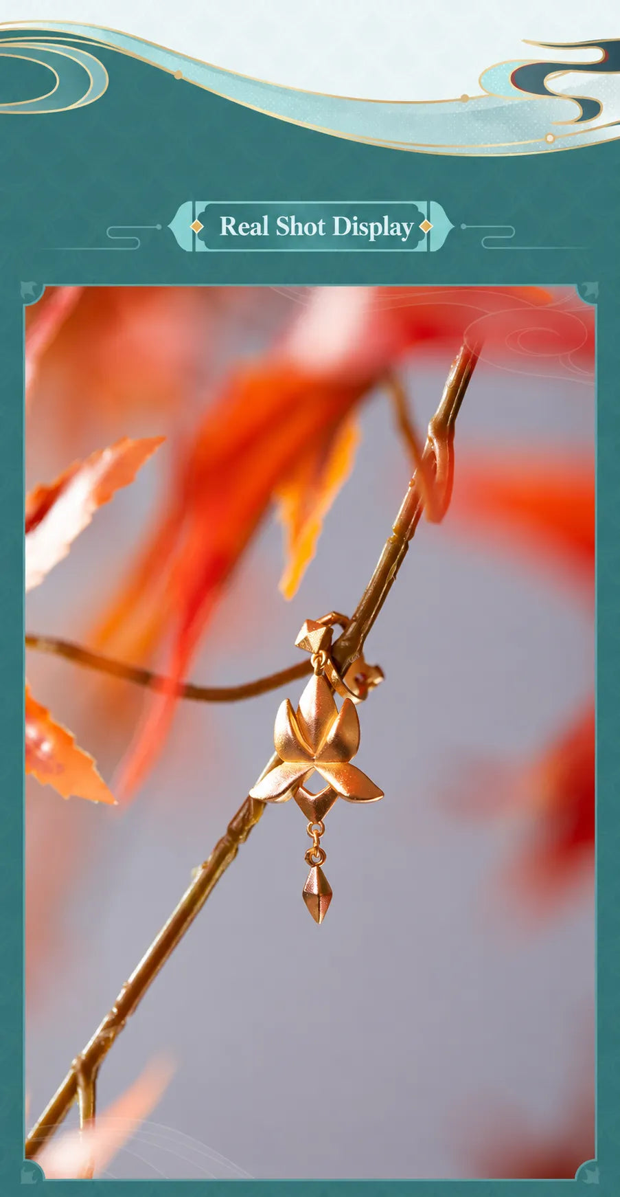 Dan Heng Imbibitor Lunae Water Lotus Ear Cuff featuring textured gold petals and geometric drop pendant