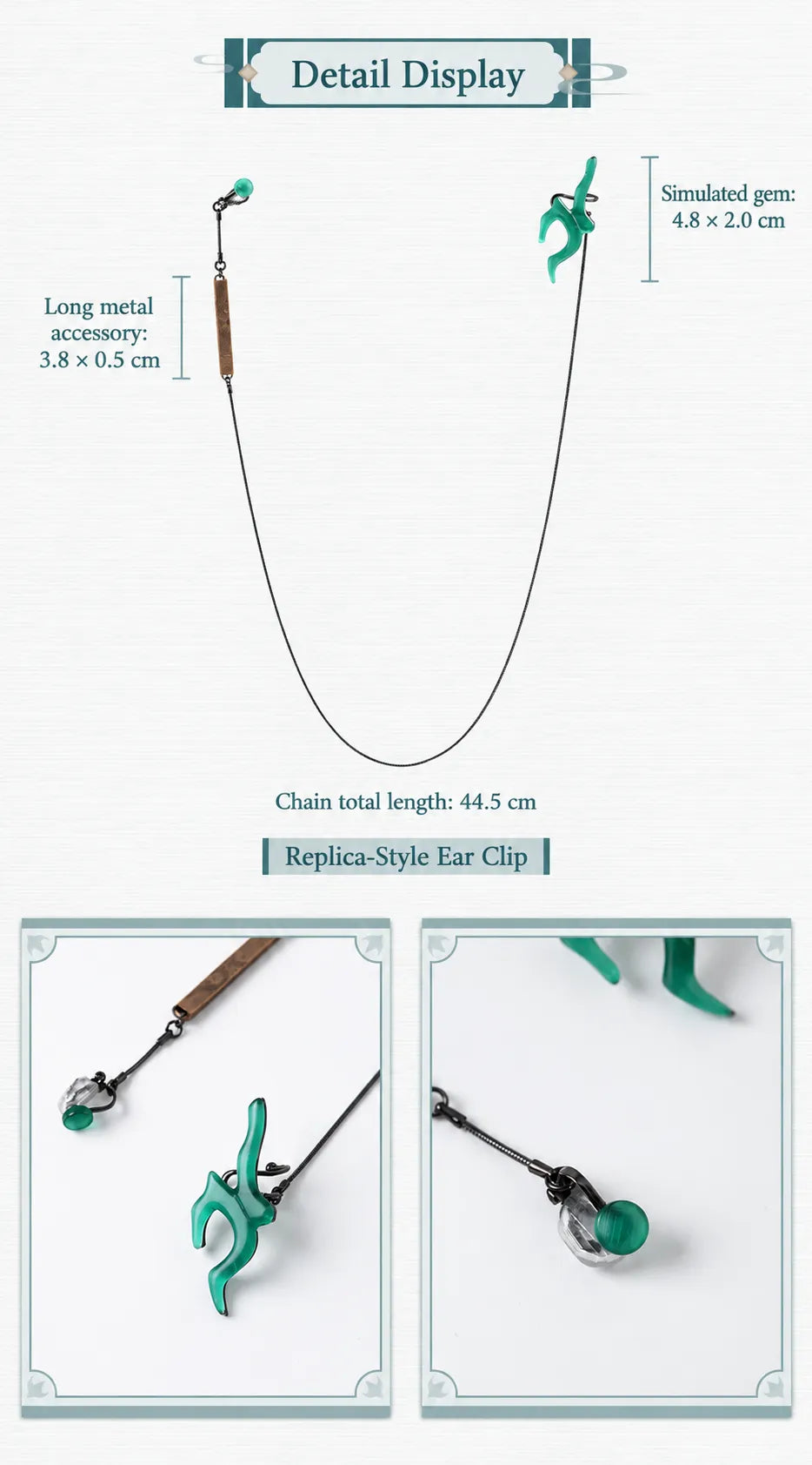 Close-up of Dan Heng green ear clip showing curved ornament and metal attachment