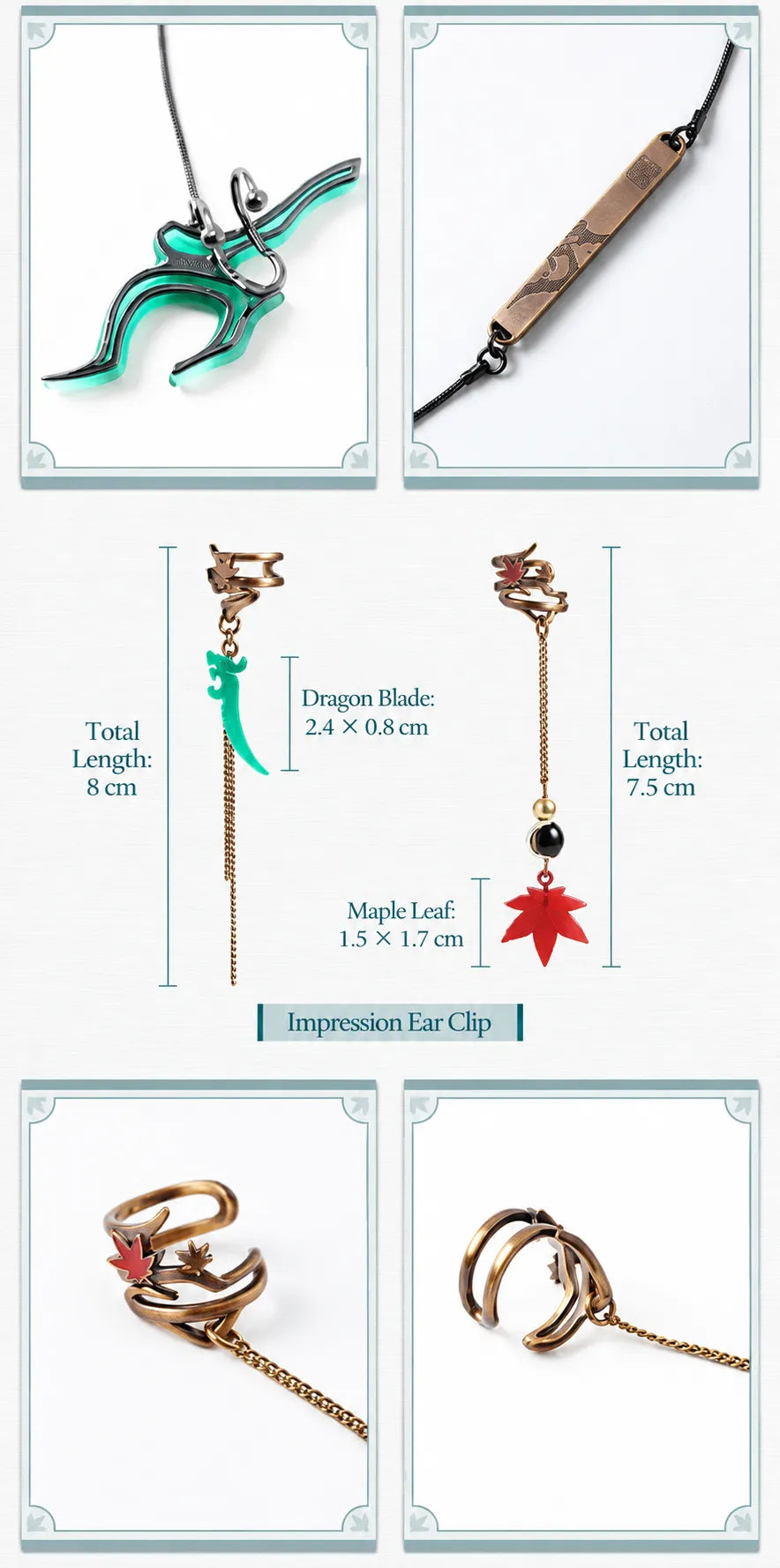 Dan Heng dangling ear clip with red maple leaf charm and antique gold metal finish