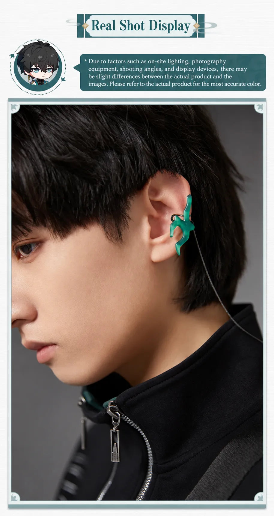 Model wearing Dan Heng green decorative ear clip with long connecting chain
