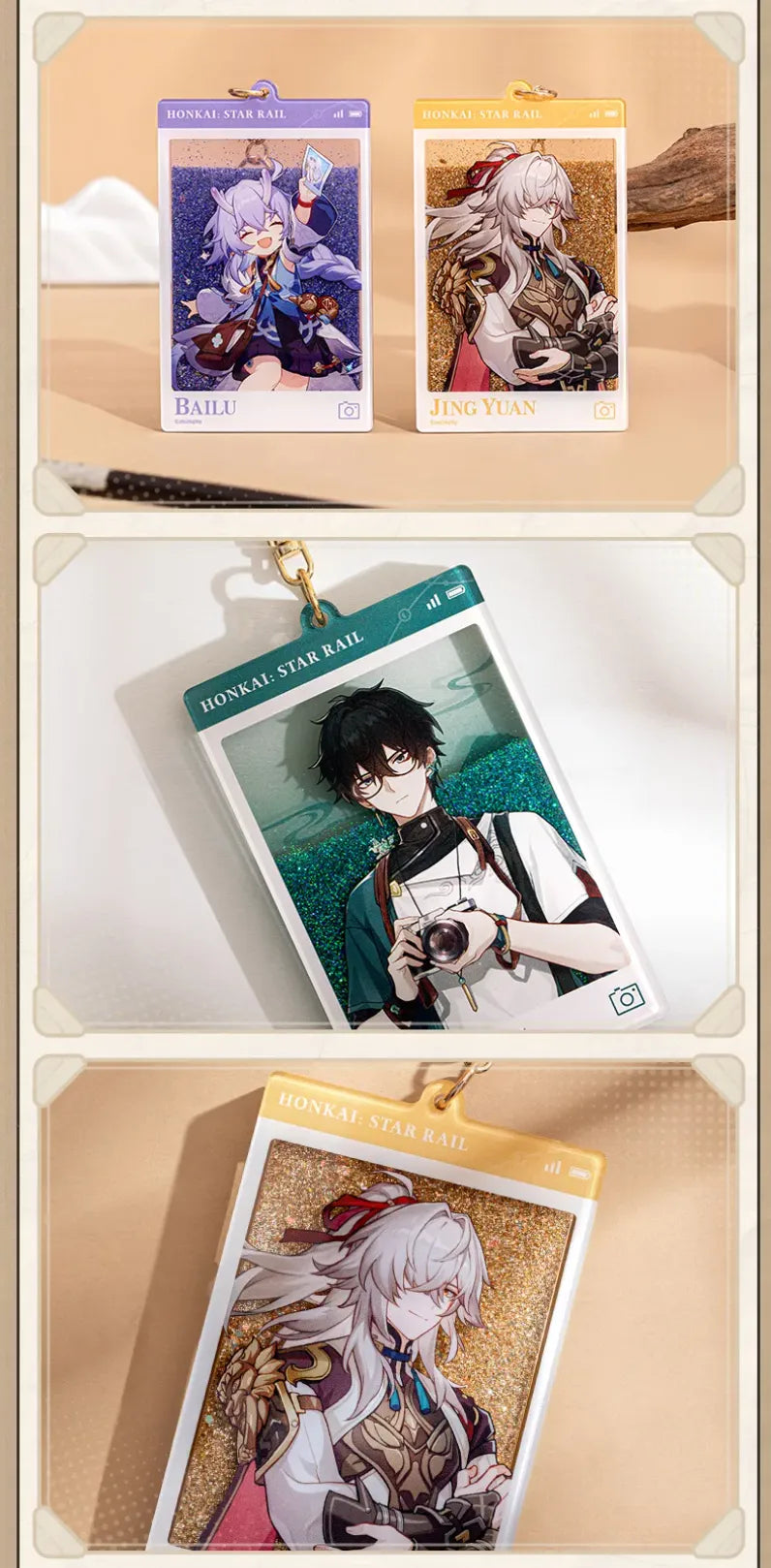 Dan Heng, Jing Yuan, Bailu, and Trailblazer Flowing Sand Acrylic Charms