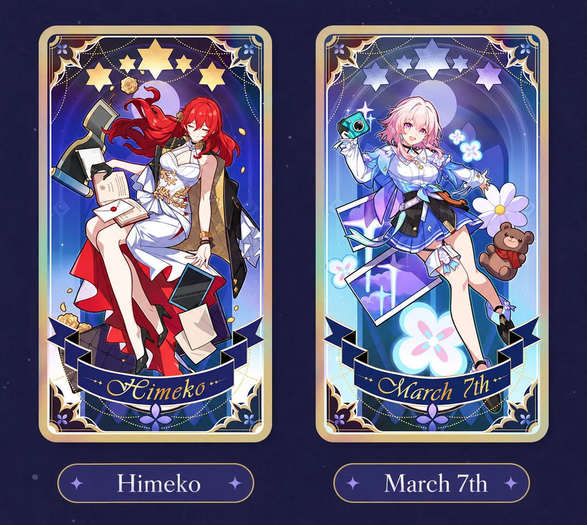 Honkai Star Rail holographic collectible tickets featuring Himeko and March 7th