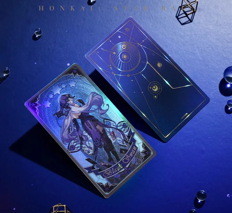 Honkai Star Rail holographic collectible tickets with reflective finishes and celestial designs