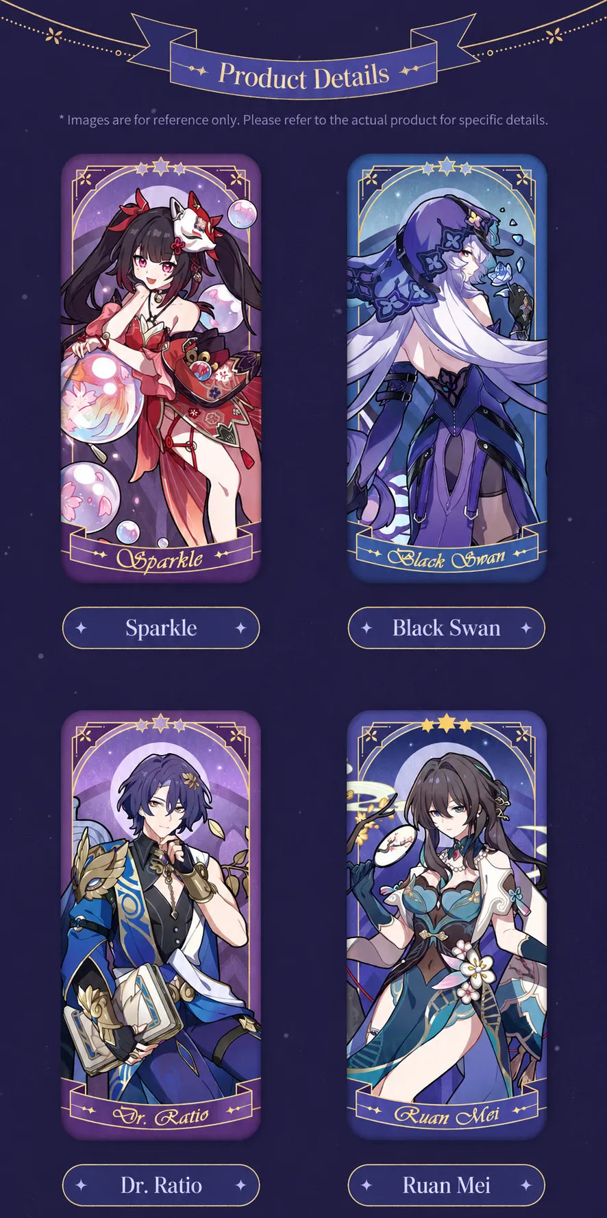 Honkai Star Rail tinplate badges featuring Sparkle Black Swan Dr. Ratio and Ruan Mei