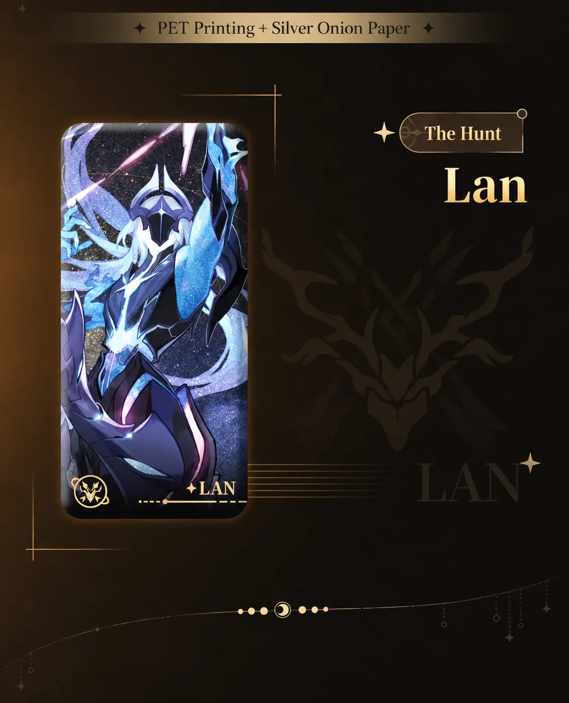 Lan The Hunt badge featuring PET printing and shimmering silver backing