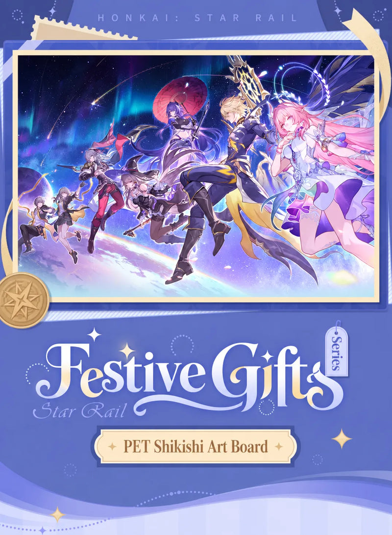 Festive Gifts Series PET Shikishi Art Board with cosmic artwork featuring Cyrene, Phainon, The Herta, Acheron, Jing Yuan, and Trailblazer
