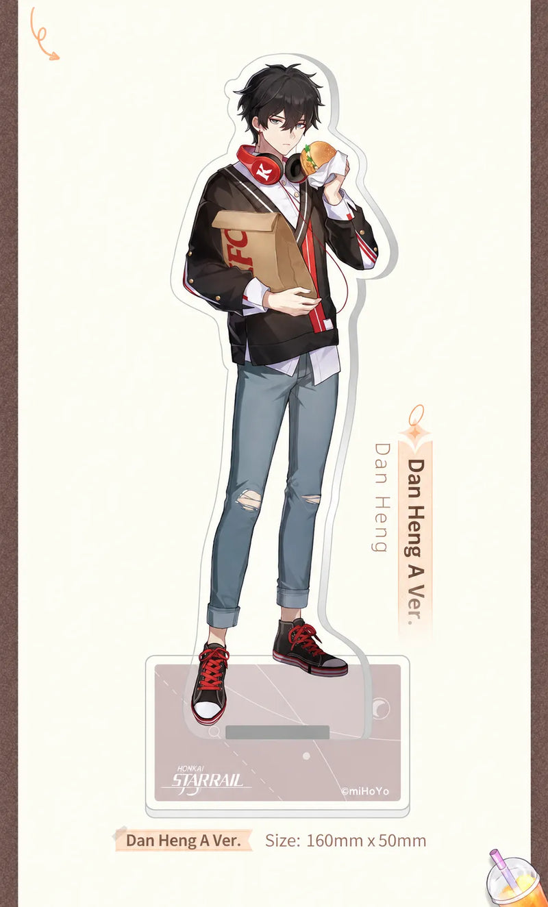 Gourmet Sailing Series Dan Heng A Ver. Acrylic Standee holding a burger with display base and dimensions