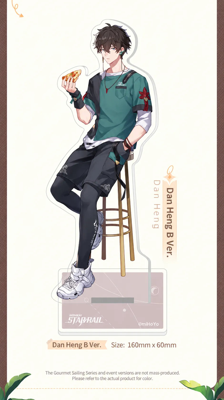 Gourmet Sailing Series Dan Heng B Ver. Acrylic Standee seated on a stool with display base and dimensions