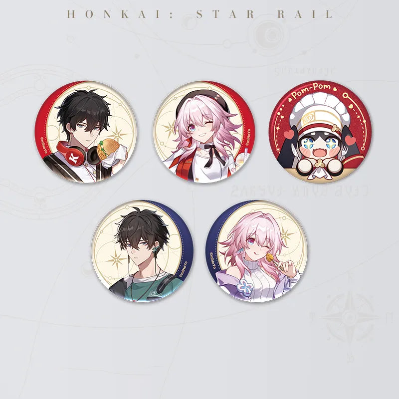 Honkai: Star Rail Gourmet Sailing Series Badges featuring March 7th, Dan Heng and Pom-Pom