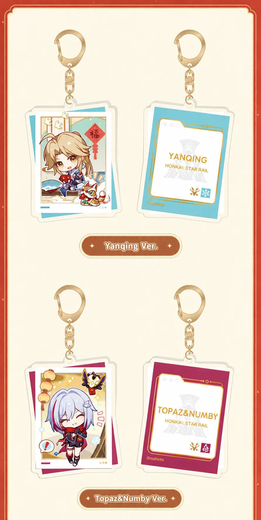 Yanqing and Topaz & Numby acrylic charm front and back designs