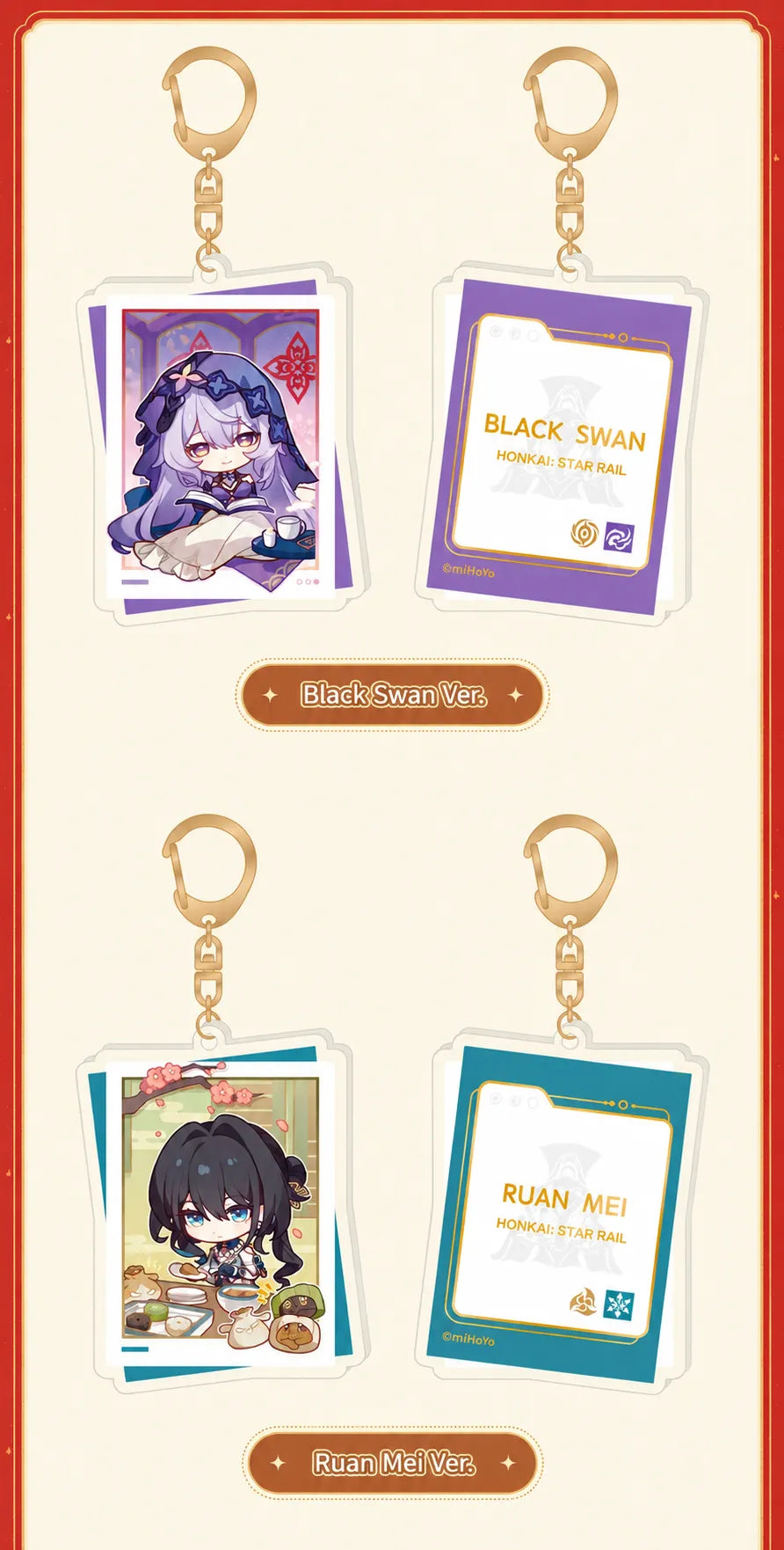 Black Swan and Ruan Mei acrylic charm front and back designs
