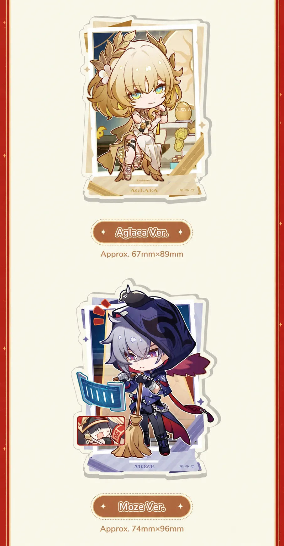 Aglaea and Moze chibi acrylic standees with character dimensions