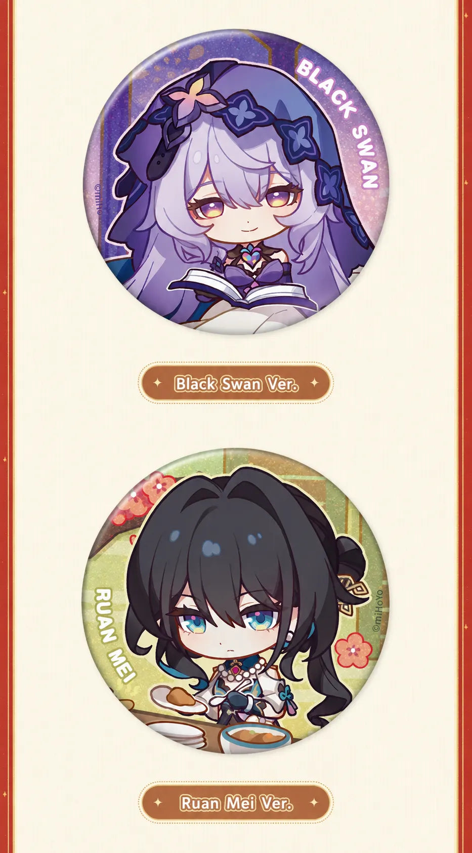 Black Swan and Ruan Mei chibi badge designs from the Happy New Year Series