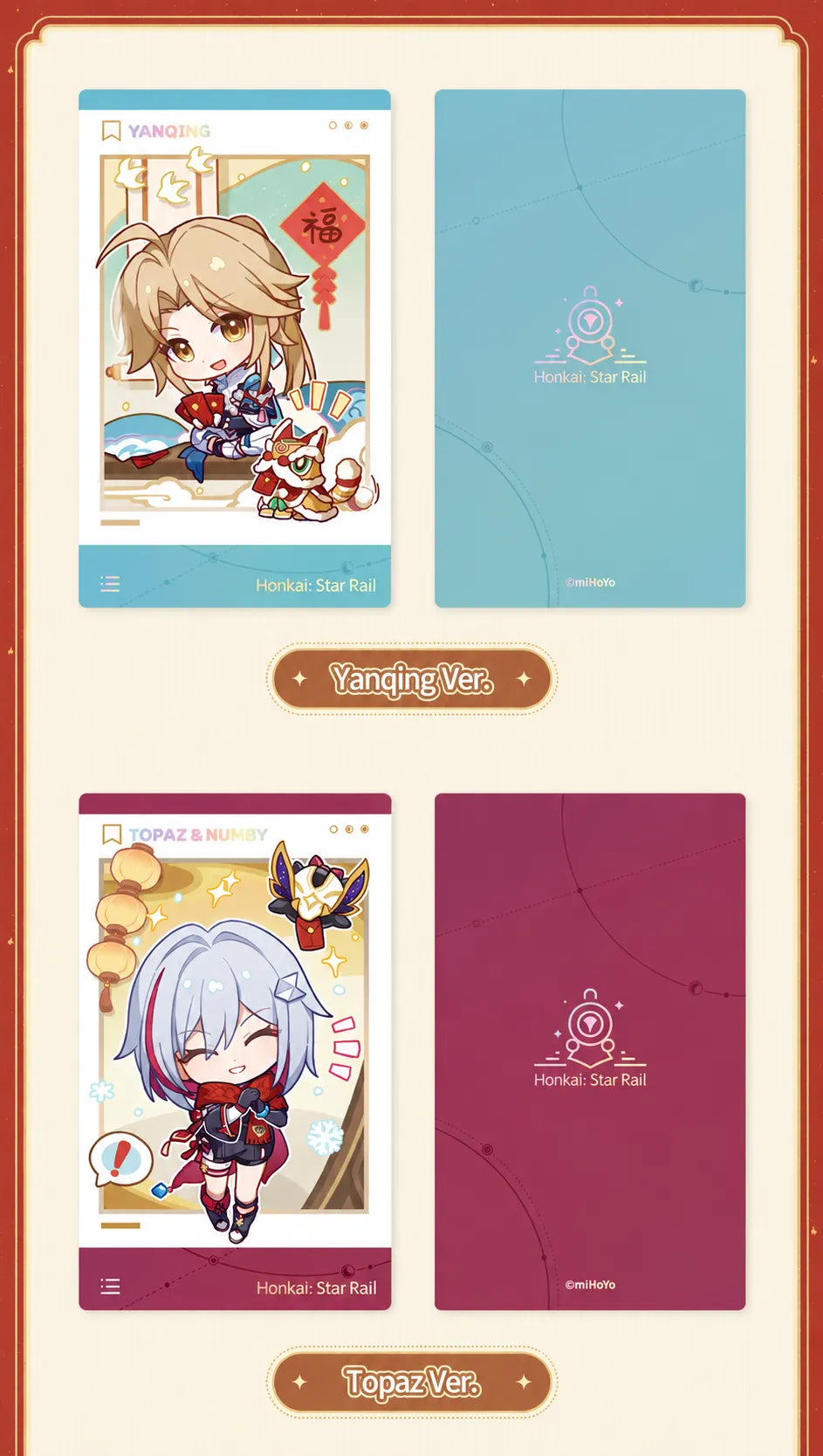 Yanqing and Topaz & Numby character cards with front and back designs