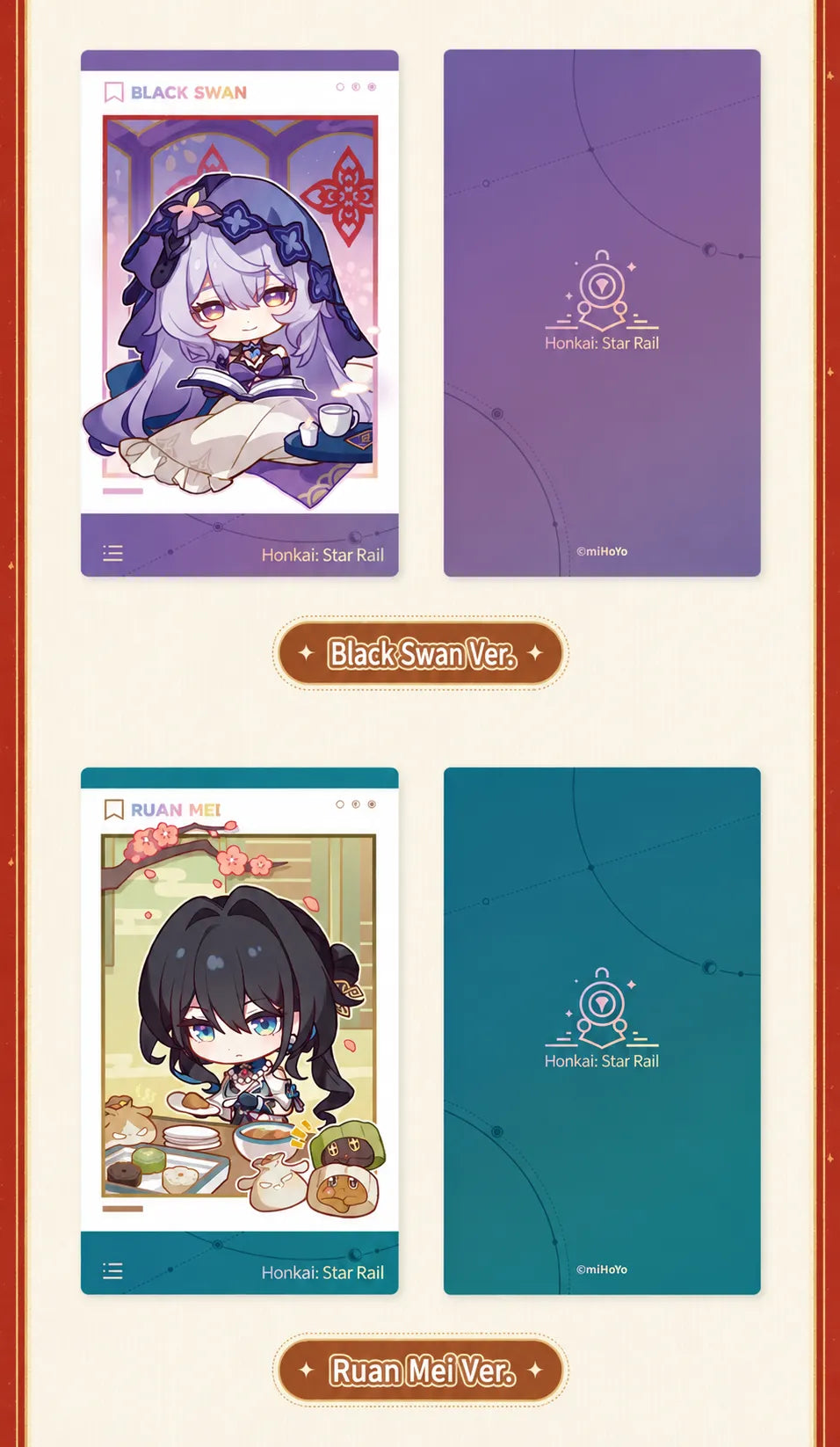 Black Swan and Ruan Mei character cards with front and back designs