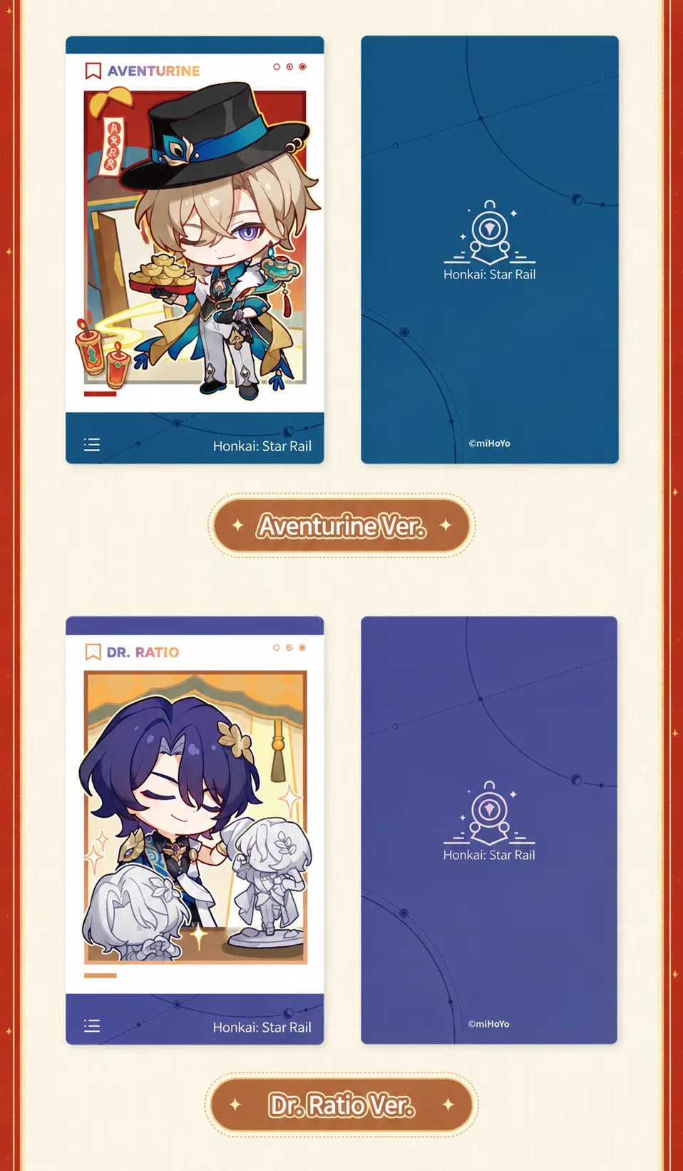 Aventurine and Dr. Ratio character cards with front and back designs