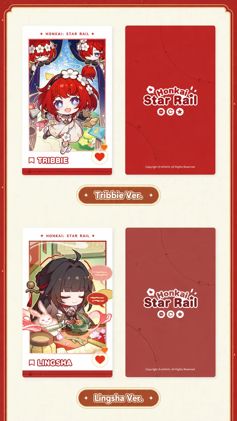 Tribbie and Lingsha character cards with front and back designs
