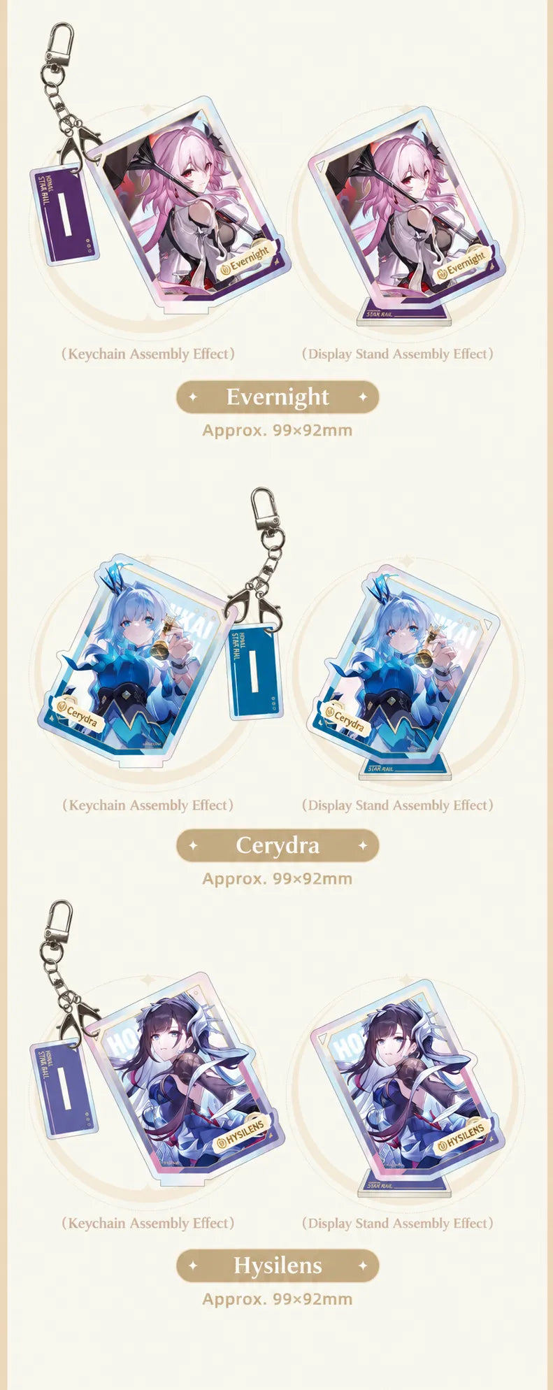 Evernight, Cerydra and Hysilens acrylic charms and display stands