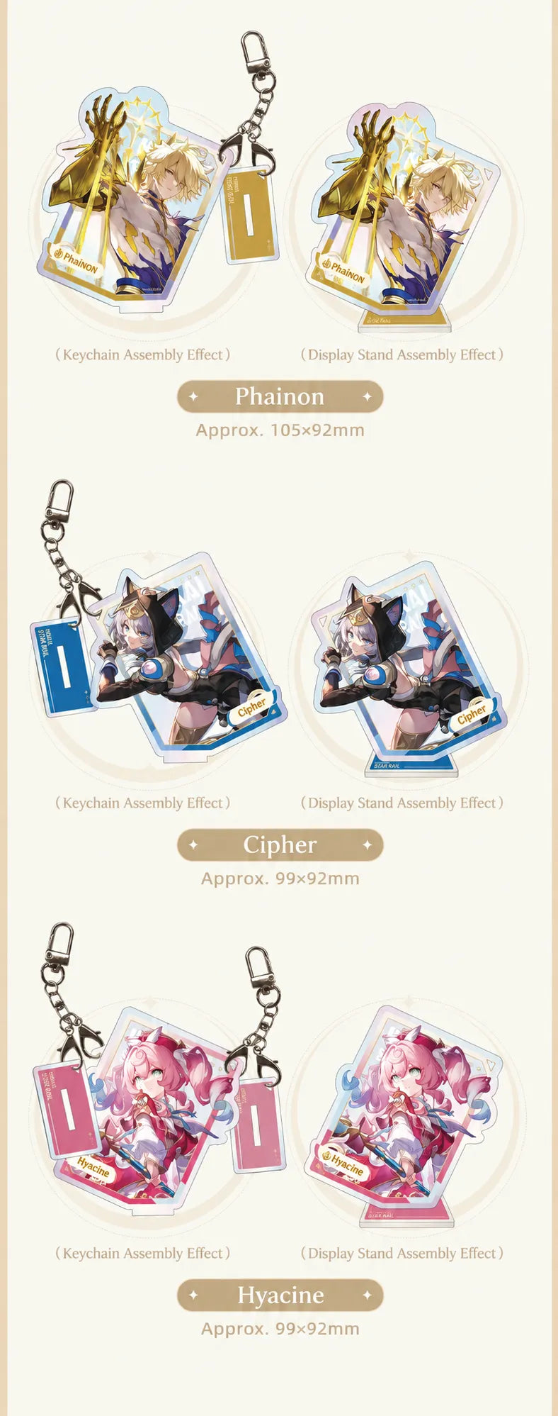 Phainon, Cipher and Hyacine acrylic charms and display stands