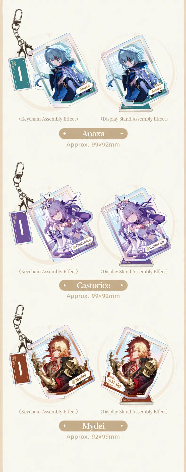 Anaxa, Castorice and Mydei acrylic charms and display stands