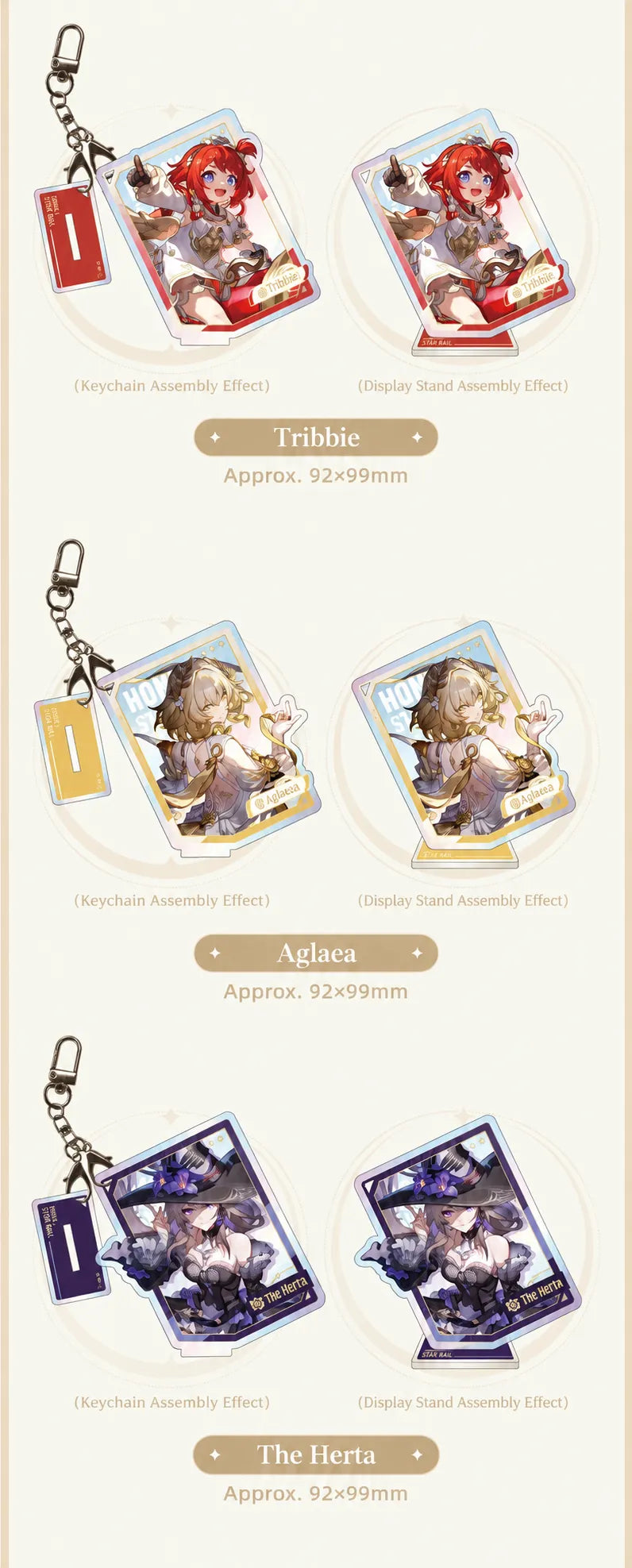 Tribbie, Aglaea and The Herta acrylic charms and display stands