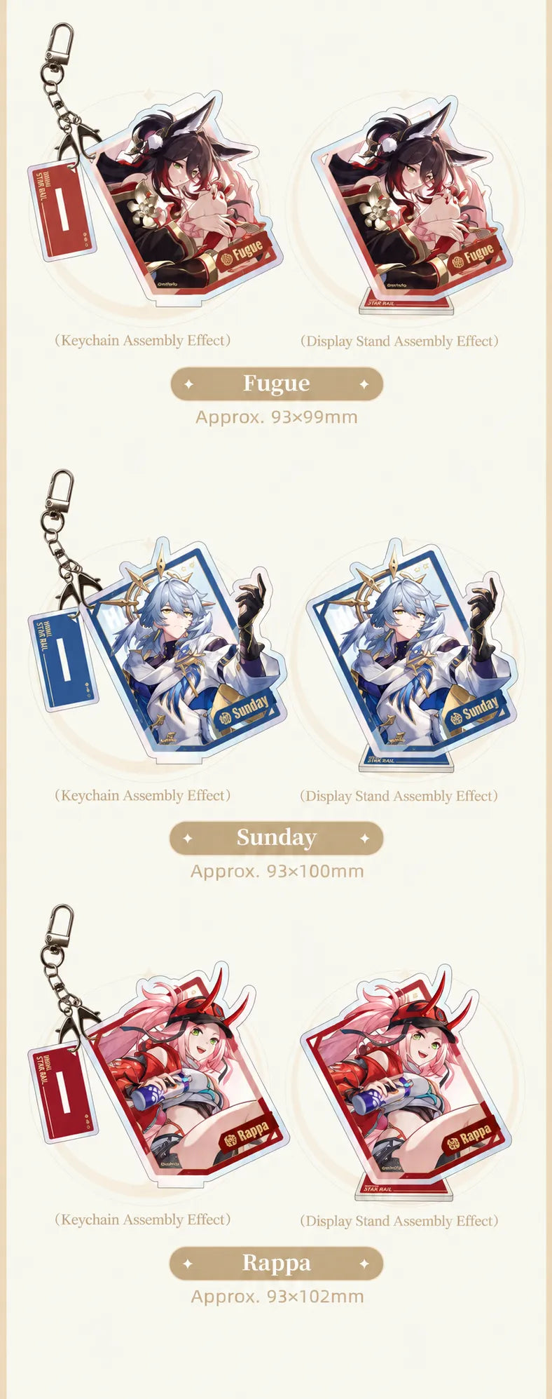 Fugue, Sunday and Rappa acrylic charms and display stands