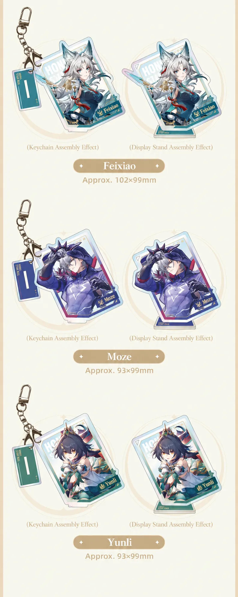Feixiao, Moze and Yunli acrylic charms and display stands