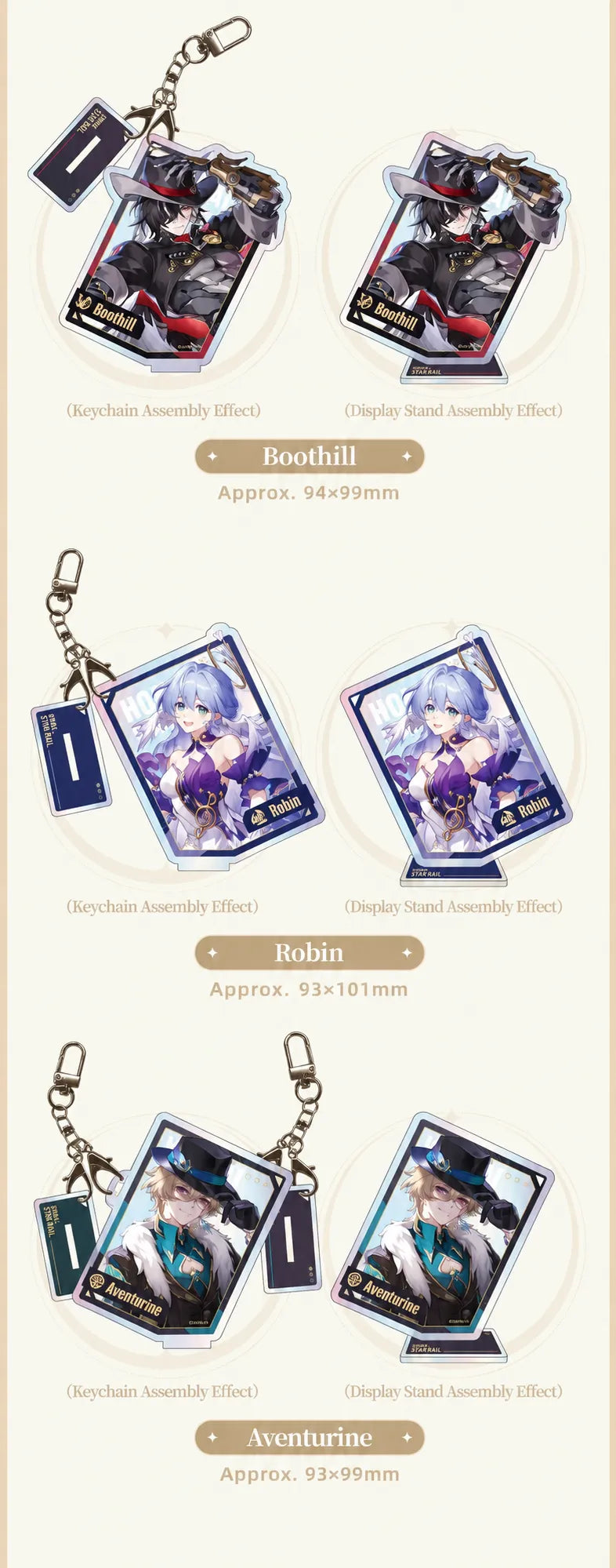 Boothill, Robin and Aventurine acrylic charms and display stands