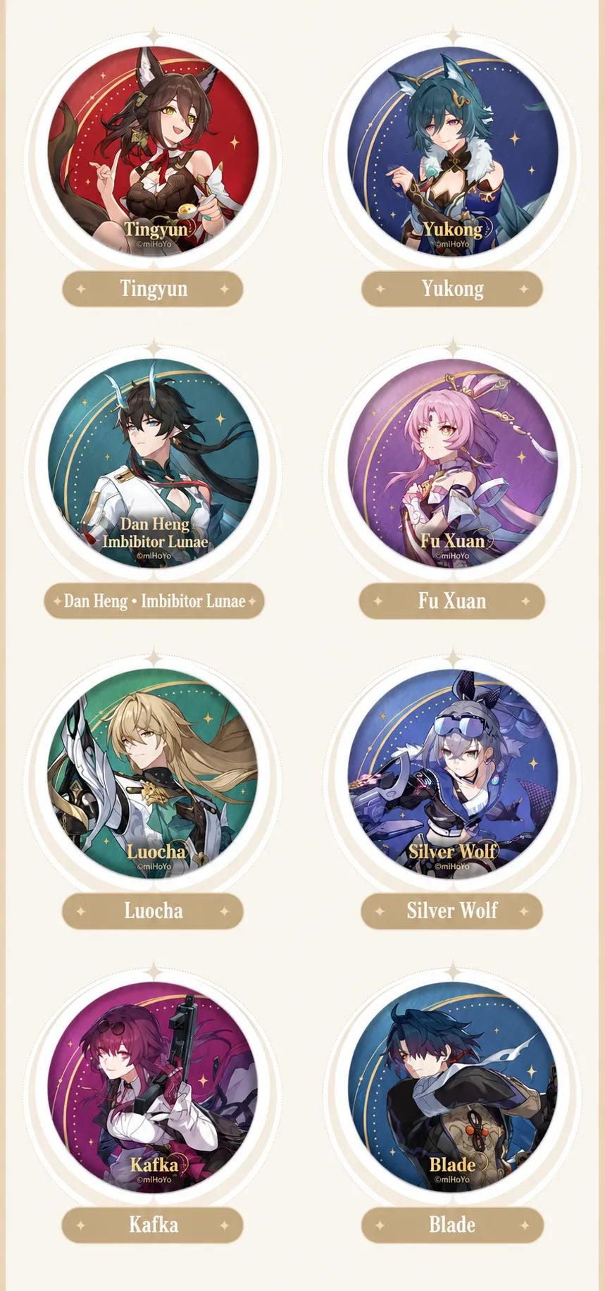 Tingyun, Yukong, Dan Heng • Imbibitor Lunae, Fu Xuan, Luocha, Silver Wolf, Kafka and Blade badges