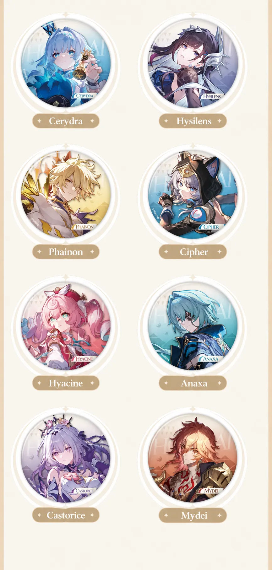 Cerydra, Hysilens, Phainon, Cipher, Hyacine, Anaxa, Castorice and Mydei badges