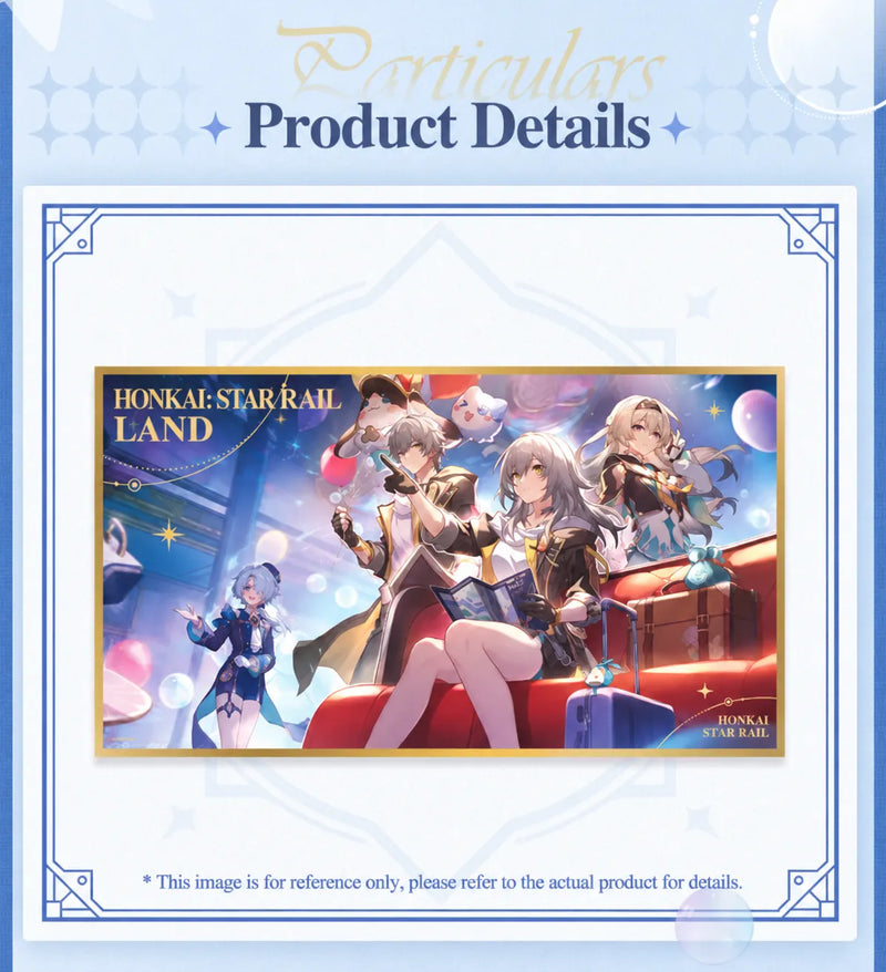 Honkai Star Rail LAND Series acrylic art board featuring character illustrations with a gold border and colorful travel-themed details