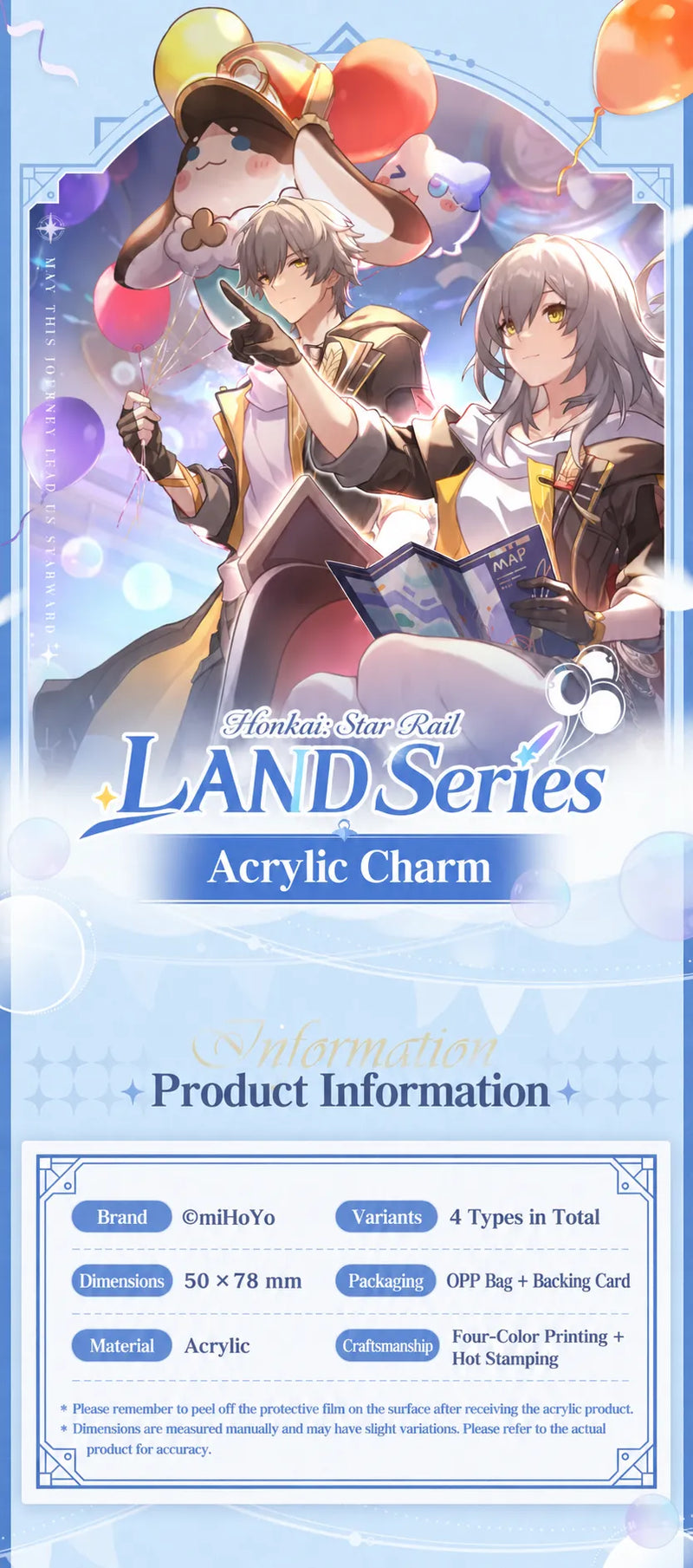 Honkai Star Rail LAND Series acrylic charm product information showing 50 × 78 mm size, acrylic material, and packaging