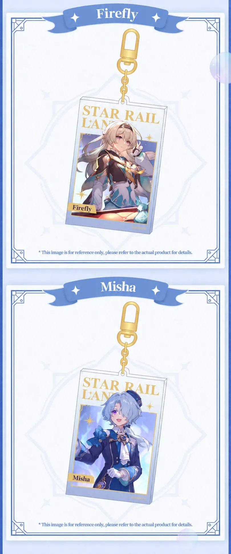 Honkai Star Rail LAND Series Firefly and Misha acrylic charms with gold foil details