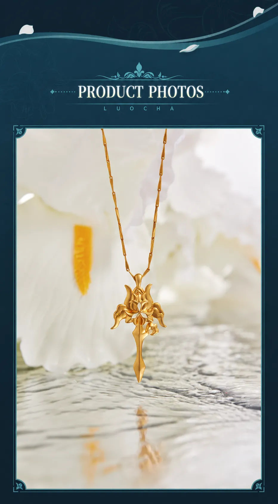 Luocha Prayer of Abyss Flower Necklace displayed against white flowers